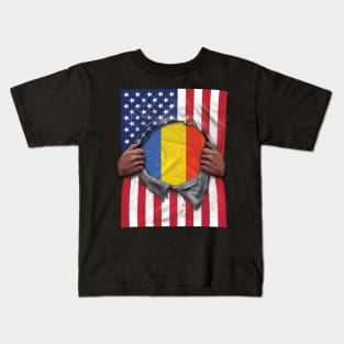 Romania Flag American Flag Ripped - Gift for Romanian From Romania Kids T-Shirt